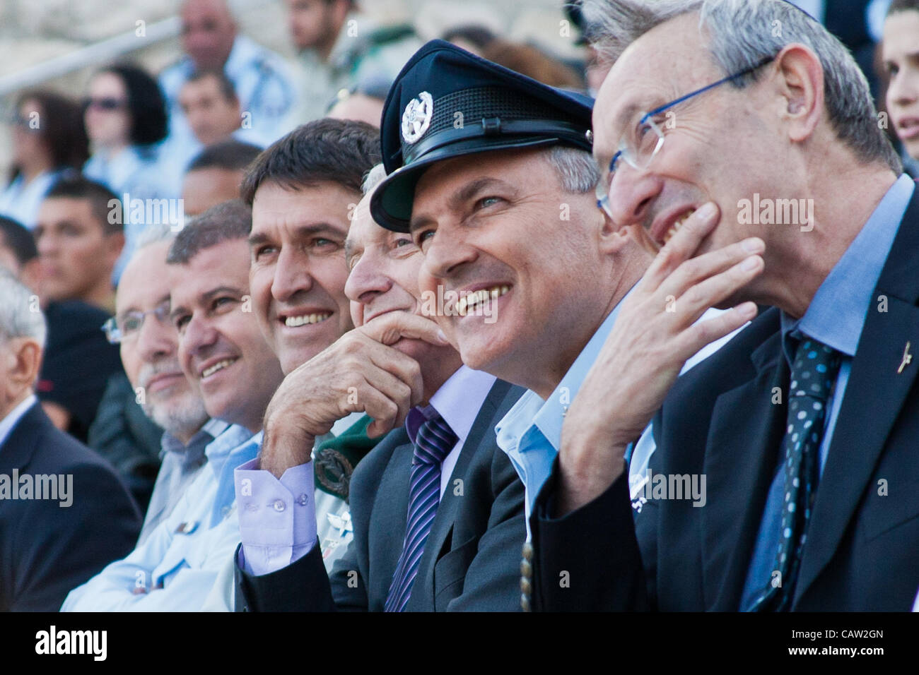 Israel Police Comissioner Yohanan Danino is greatly amused by story told by President Shimon Peres related to first Israel Police Commissioner, Yichezkel Sahar. Jerusalem, Israel. 23-Apr-2012. Stock Photo