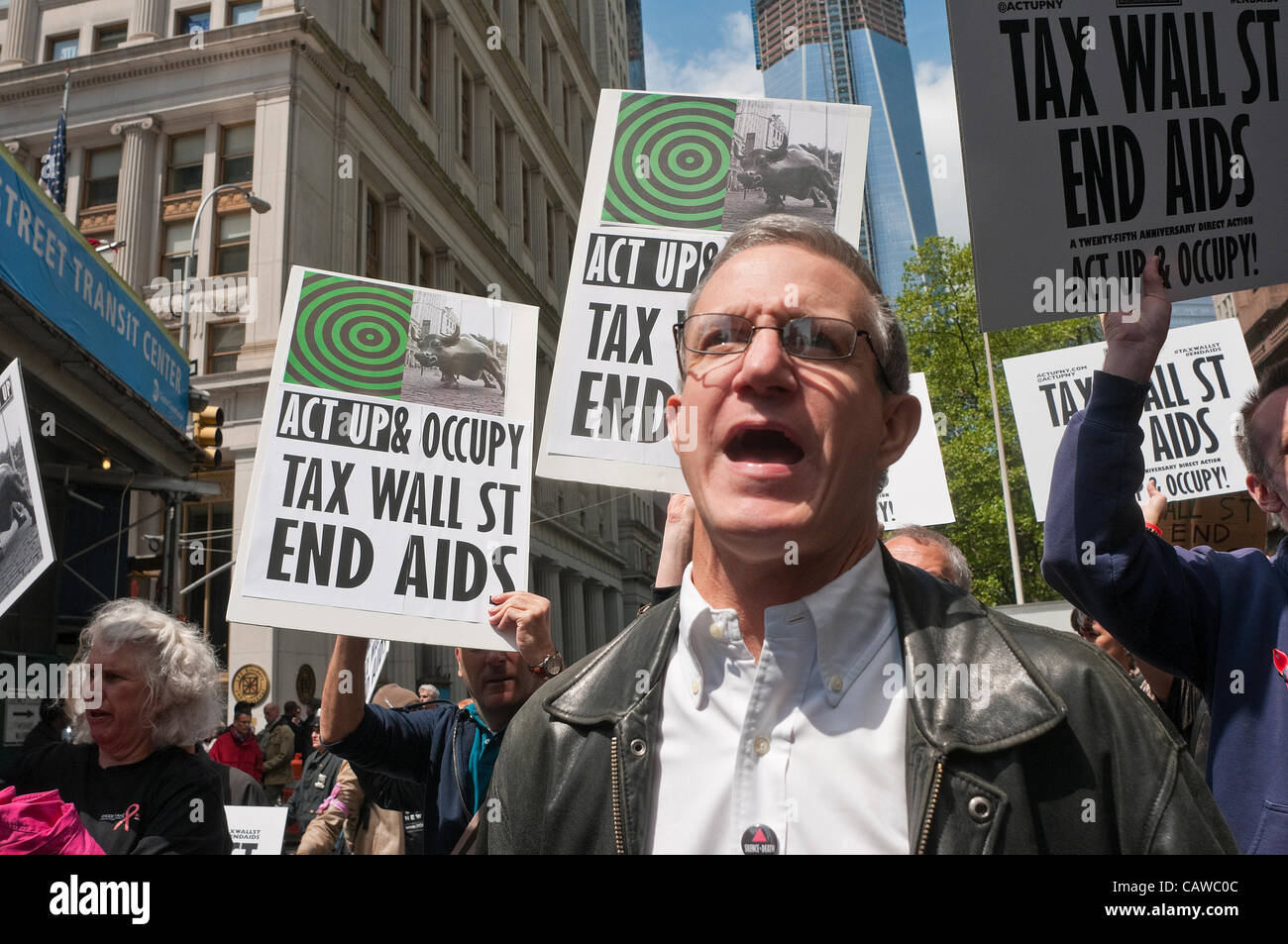 New York, NY -  25 April 2012 Act-Up & Occupy Wall Street call for Robinhood tax on Wall St trades & transactions Stock Photo