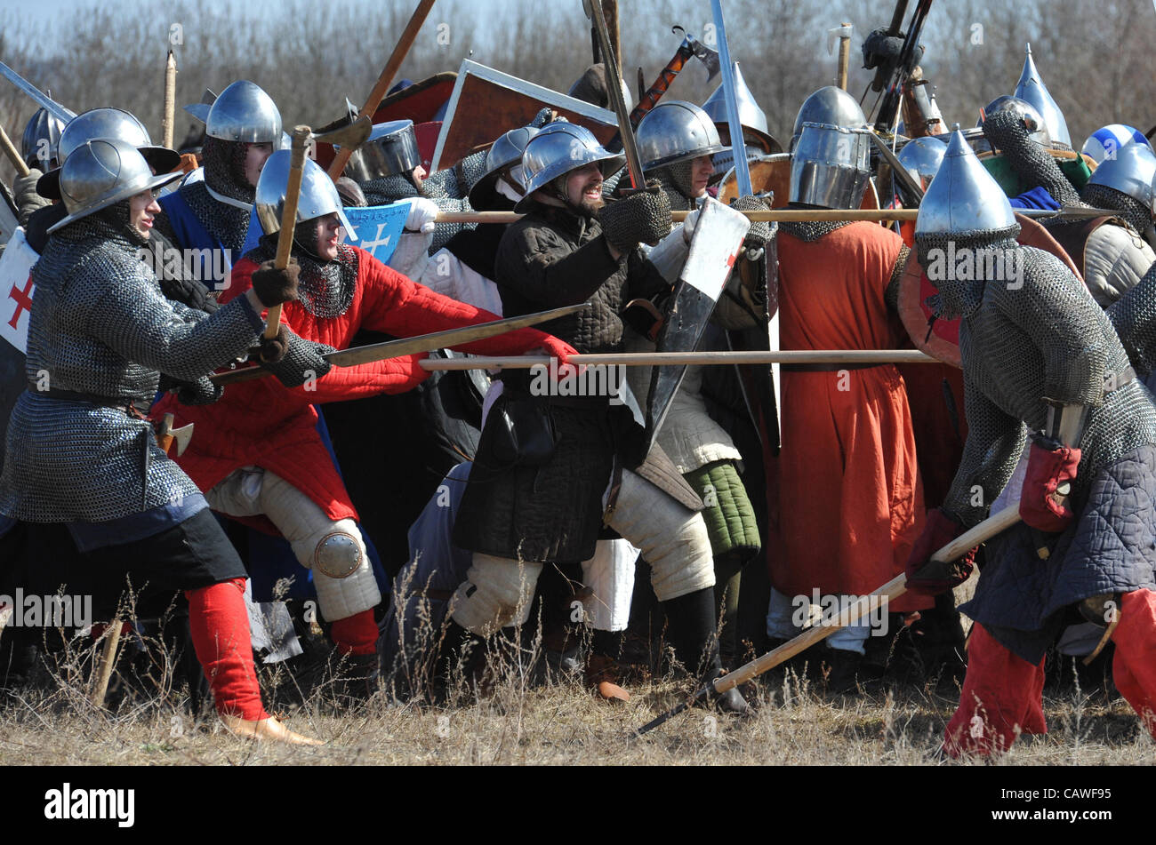 April 22, 2012 - Russia - Pskov region of Russia.Pictured:Historical reconstruction of the The Battle of the Ice (also known as the Battle of Lake Peipus) to mark 770 anniversary of the Battle...The Battle of Lake Peipus was a battle between the Republic of Novgorod and the Livonian branch of the Te Stock Photo