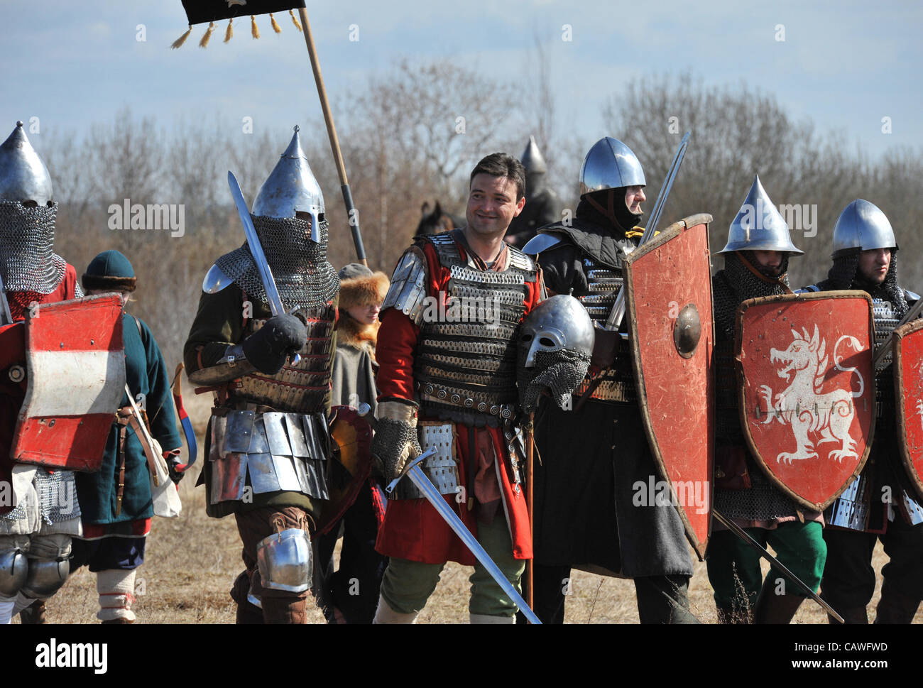 April 22, 2012 - Russia - Pskov region of Russia.Pictured:Historical reconstruction of the The Battle of the Ice (also known as the Battle of Lake Peipus) to mark 770 anniversary of the Battle...The Battle of Lake Peipus was a battle between the Republic of Novgorod and the Livonian branch of the Te Stock Photo