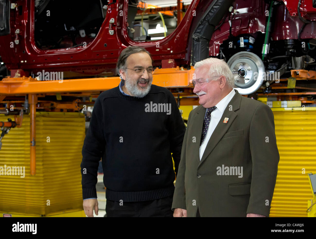 Detroit, Michigan - Lech Walesa (right) visits Chrysler's Jefferson North Assembly Plant with Chrysler CEO Sergio Marchionne. Walesa was a founder of the Solidarity union movement in Poland in 1980 and was elected president of Poland in 1990. Stock Photo