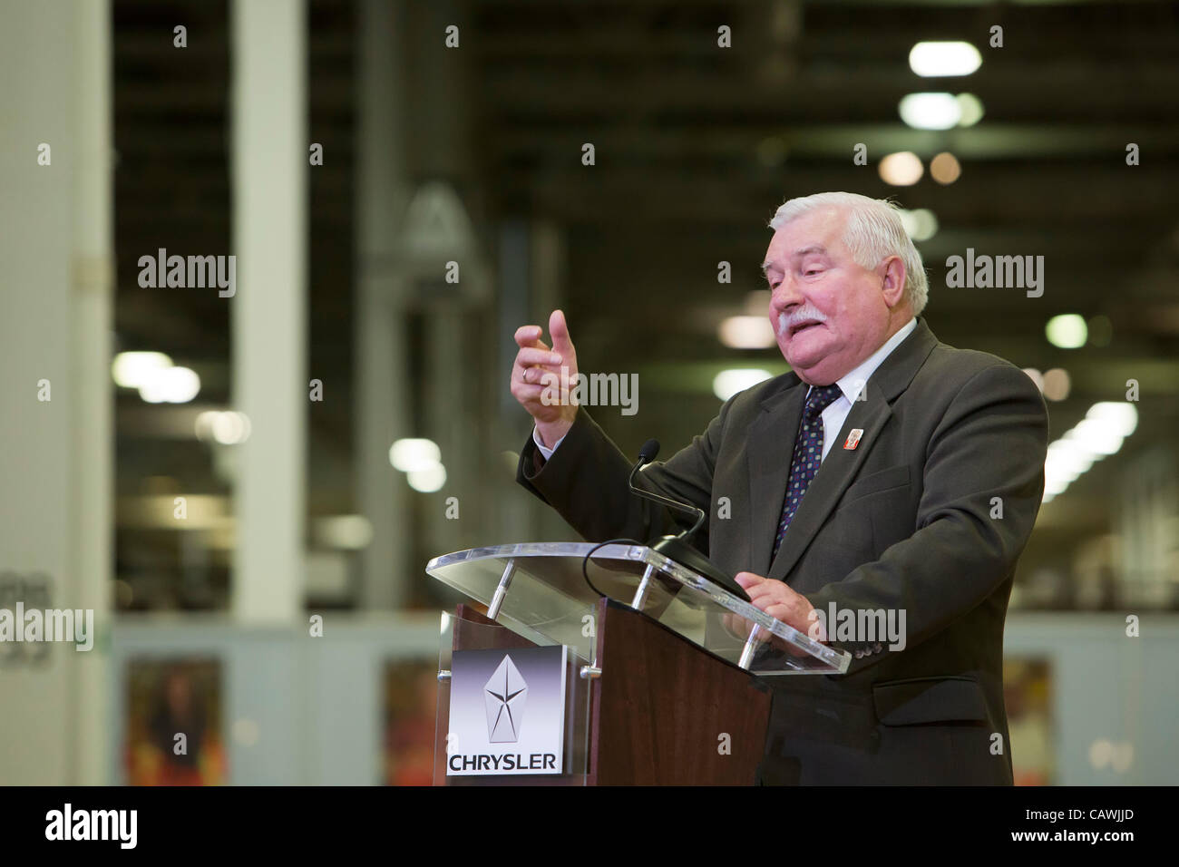 Detroit, Michigan - Lech Walesa speaks during a visit to Chrysler's Jefferson North Assembly Plant. Walesa was a founder of the Solidarity trade union movement in Poland in 1980 and was elected president of Poland in 1990. He was awarded the Nobel Peace Prize in 1983. Stock Photo