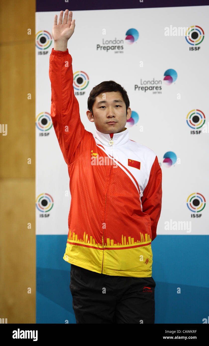 27.04.2012 London, England. The silver medalist of the mens 25m Rapid Fire Pistol competition Feng Ding (CHN). Stock Photo