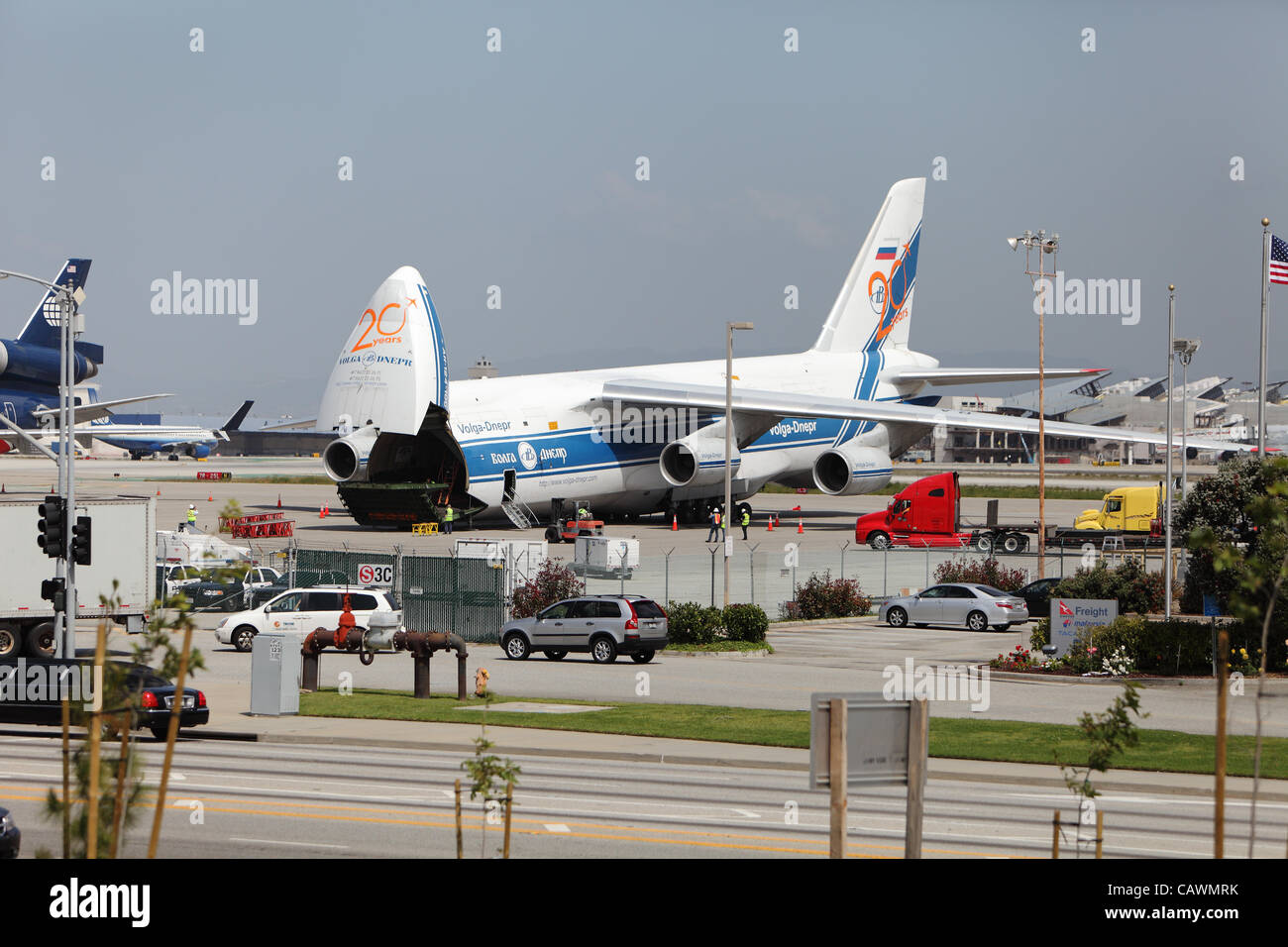 LOS ANGELES, CALIFORNIA - APRIL 27, 2012. A Russian Volga-Dnepr Antonov AN-124 long-range heavy transport aircraft parked at Los Angeles Airport on April 27, 2012.  It is the world's second largest cargo airplane. Stock Photo