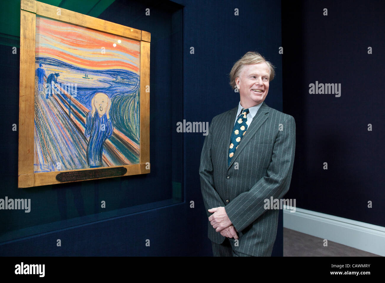 Sotheby's, Mayfair, London, UK.21.04.2012 Picture shows Petter Olsen, Norwegian owner of Edvard Munch's 'The Scream' painting at Sotheby's London, this version dating from 1895, the only to remain in private hands to be sold  at auction in New York on 2nd May 2012, expected to reach £50M. Stock Photo