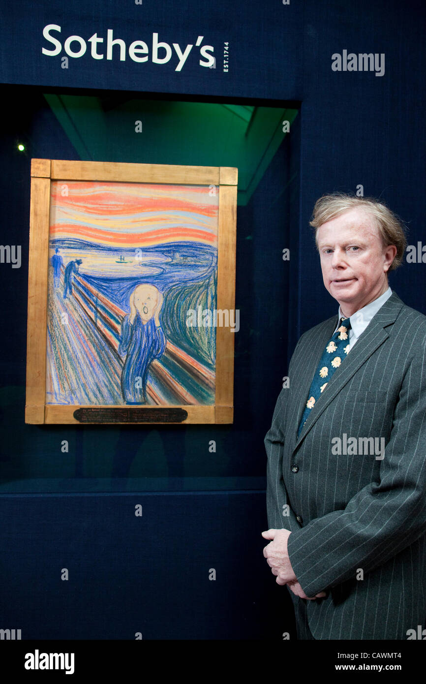 Sotheby's, Mayfair, London, UK.21.04.2012 Picture shows Petter Olsen, Norwegian owner of Edvard Munch's 'The Scream' painting at Sotheby's London, this version dating from 1895, the only to remain in private hands to be sold  at auction in New York on 2nd May 2012, expected to reach £50M. Stock Photo
