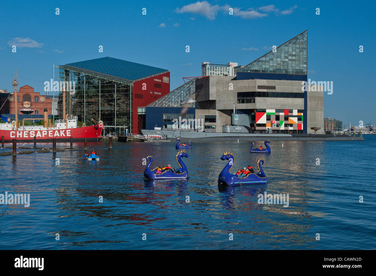 Baltimore, USA. 27 April, 2012. Brightly colored Paddle boats called