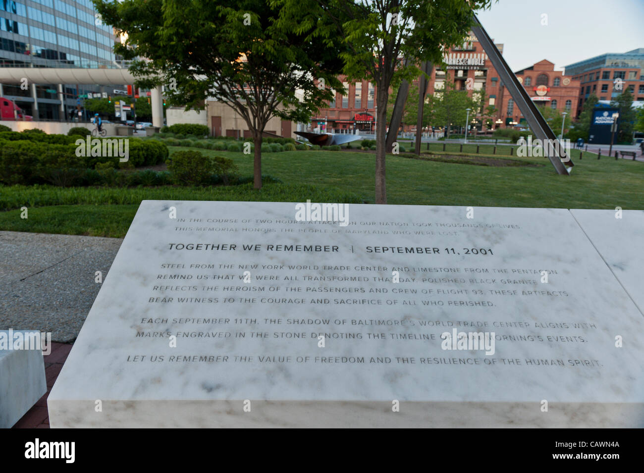 A portion of the Maryland 9/11 Memorial located in Baltimore Inner Harbor in Baltimore, MD, USA in a plaza in front of Baltimore's World Trade Center honoring the 69 victims from Maryland who died on September 11th 2001 at the Pentagon, on Flight 93 in Shanksville PA, and at the Twin Towers. This is part of a larger series of landmarks part of the 911 Memorials in the plaza memorializing all those from around the country and the world, victims and first responders, who lost their lives in the 11 September attacks. Stock Photo