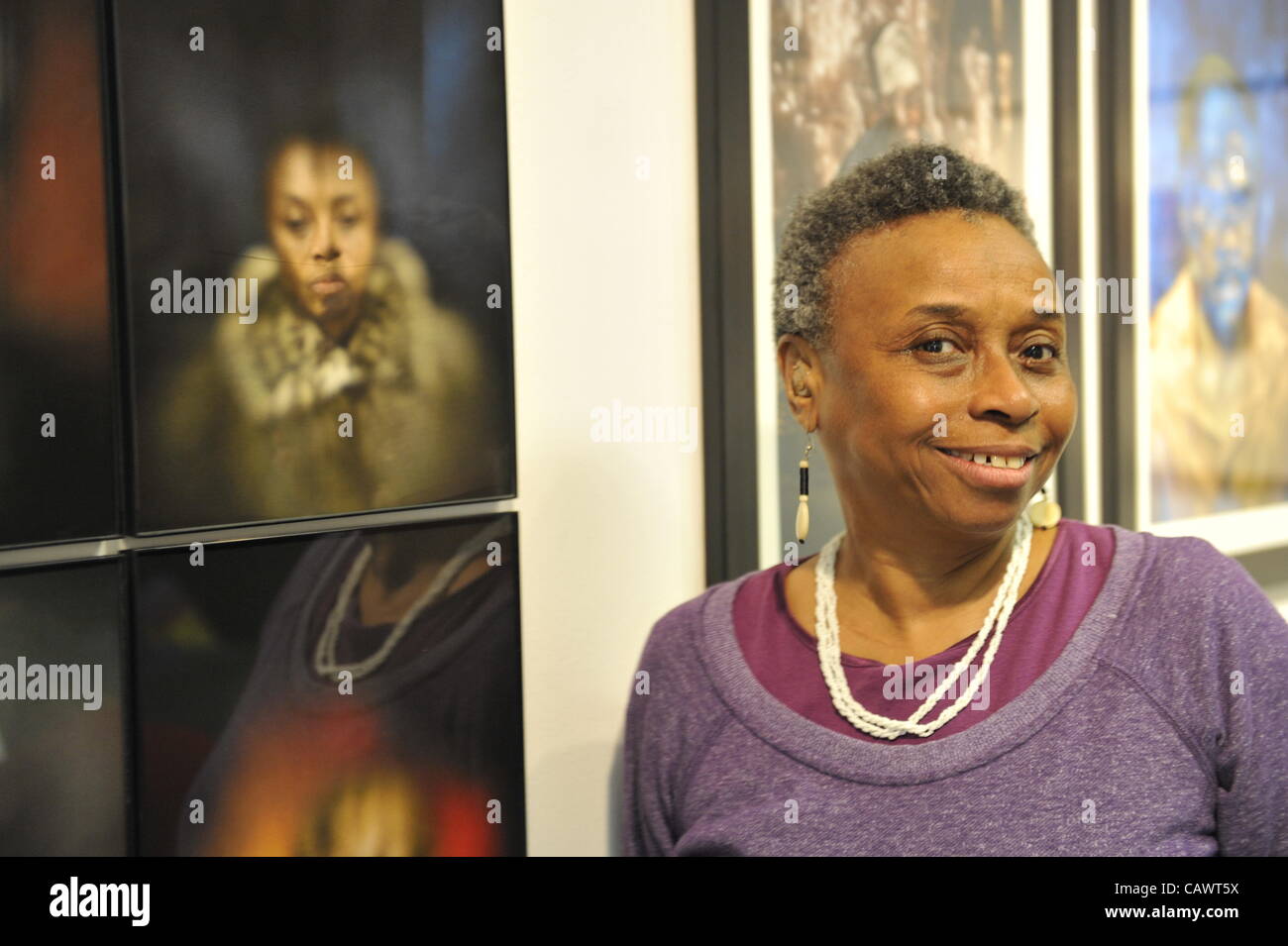 Marion Sheppard, a vision impaired photographer, next to Box Portrait