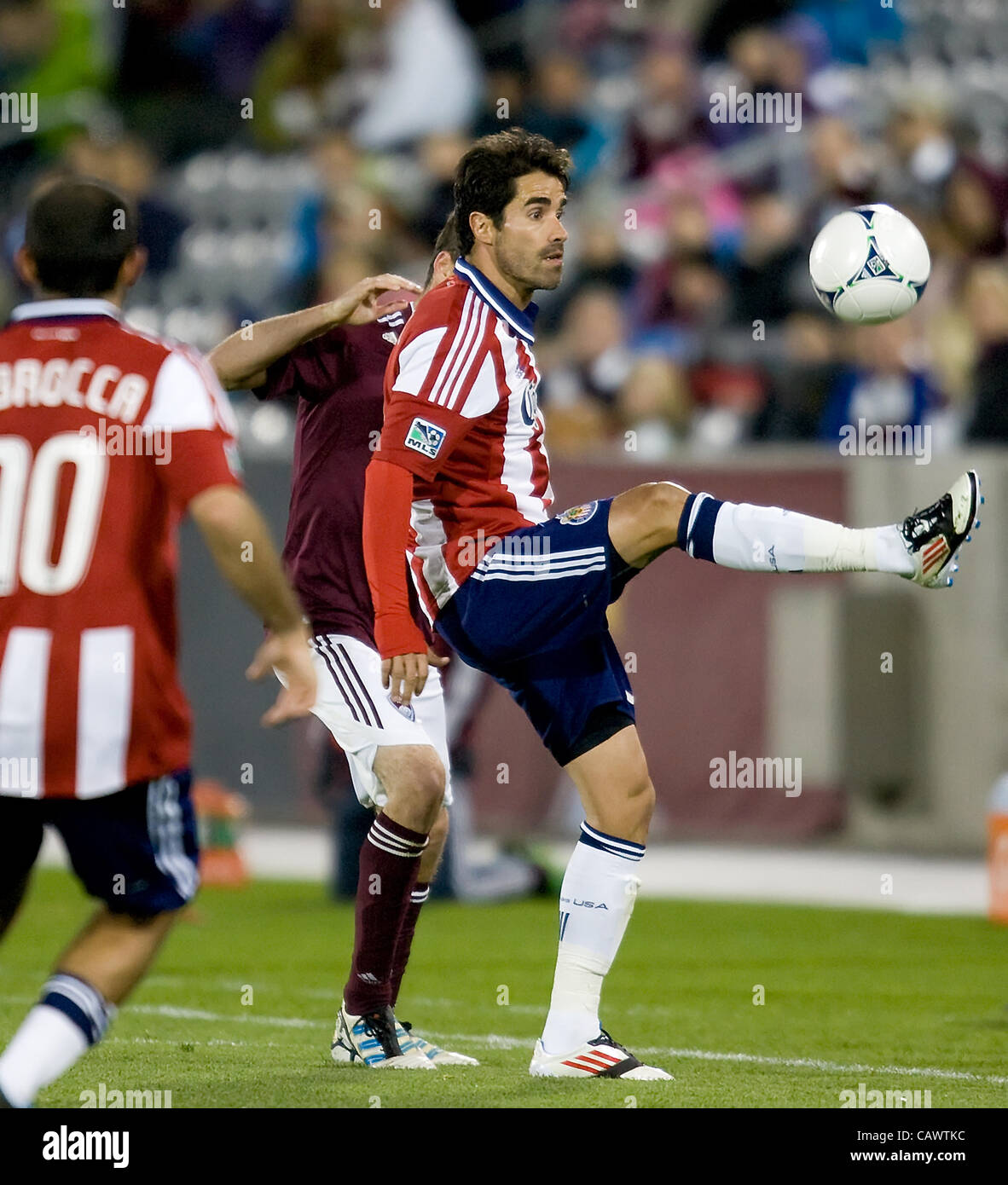 April 28, 2012 - Commerce City, CO, USA - JUAN PABLO ANGEL, center, of the CHIVAS USA controls the ball in traffic during the 2nd. half at Dicks Sporting Goods Park Saturday night. The Rapids defeat Chivas USA 4-0. (Credit Image: © Hector Acevedo/ZUMAPRESS.com) Stock Photo