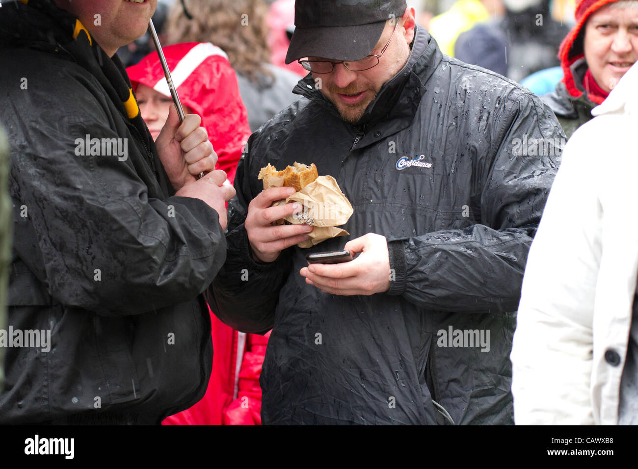 Falmouth, Cornwall, UK. 29 April, 2012. Falmouth Pasty March. Hundreds of people march through the streets of Falmouth in protest against Government plans for a so-called "pasty tax" Stock Photo