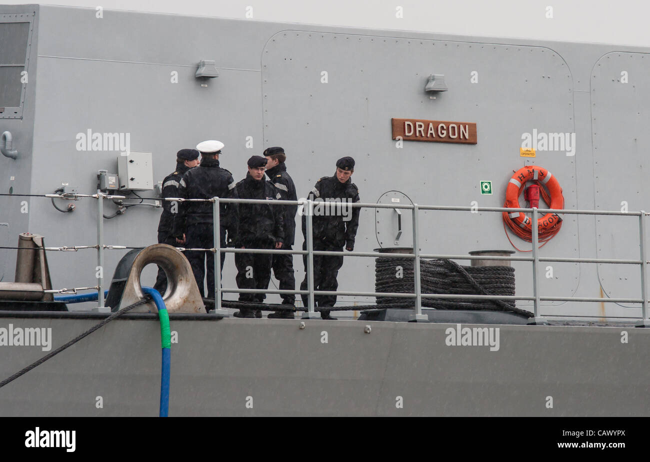 The crew of HMS Dragon Royal Navy Battleship preparing to leave Liverpool on the River Mersey following a three day visit. Stock Photo