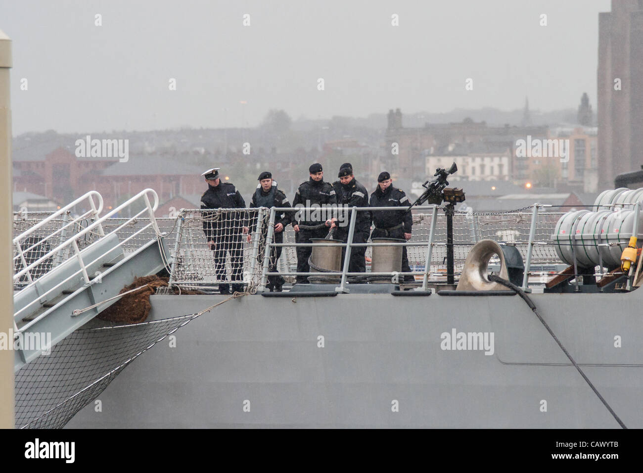 The crew of HMS Dragon Royal Navy Battleship preparing to leave Liverpool on the River Mersey following a three day visit. Stock Photo