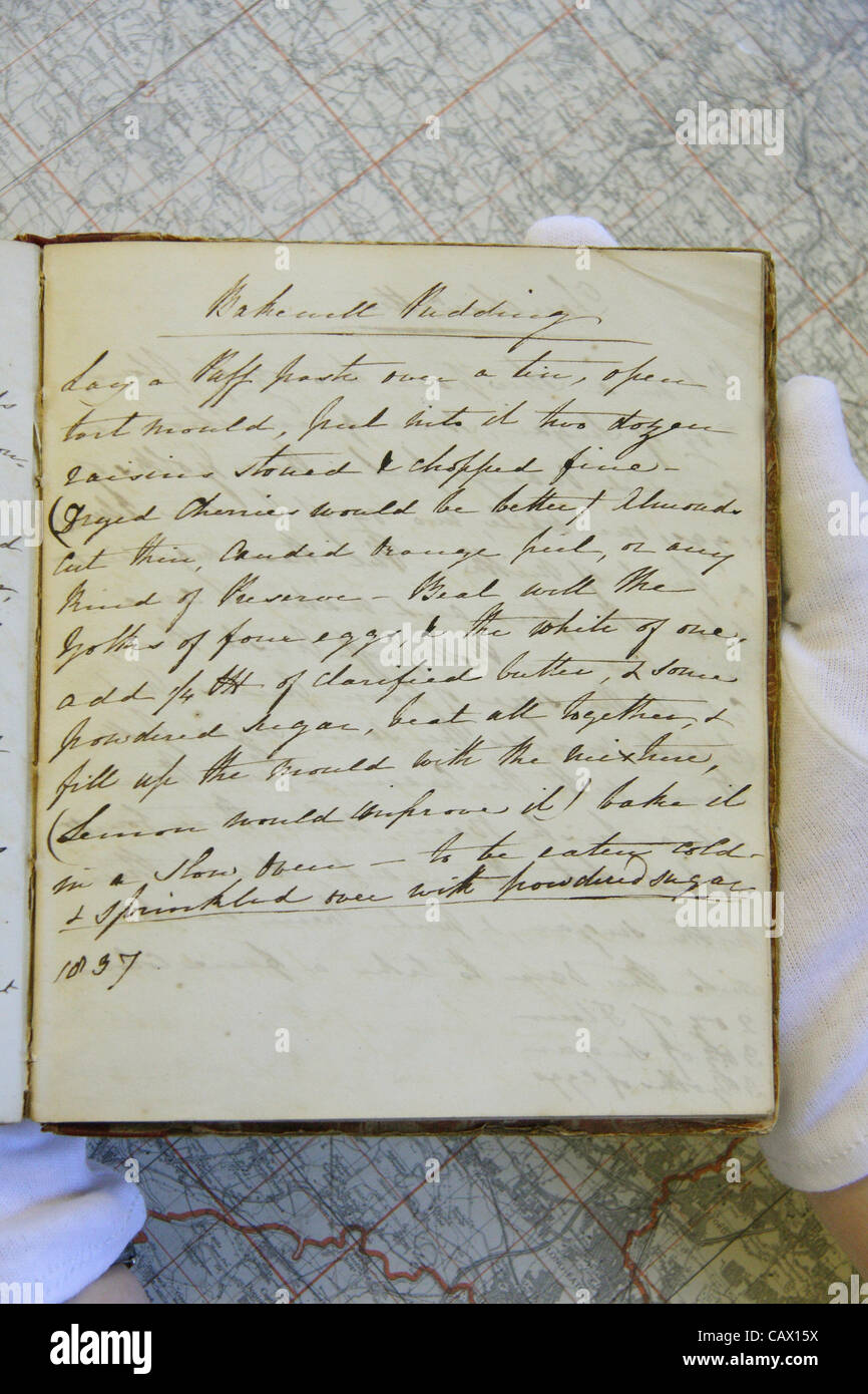 Clara Palmer-Morewood’s recipe book, page 95, showing earliest known Bakewell Pudding recipe dated 1837. Stock Photo