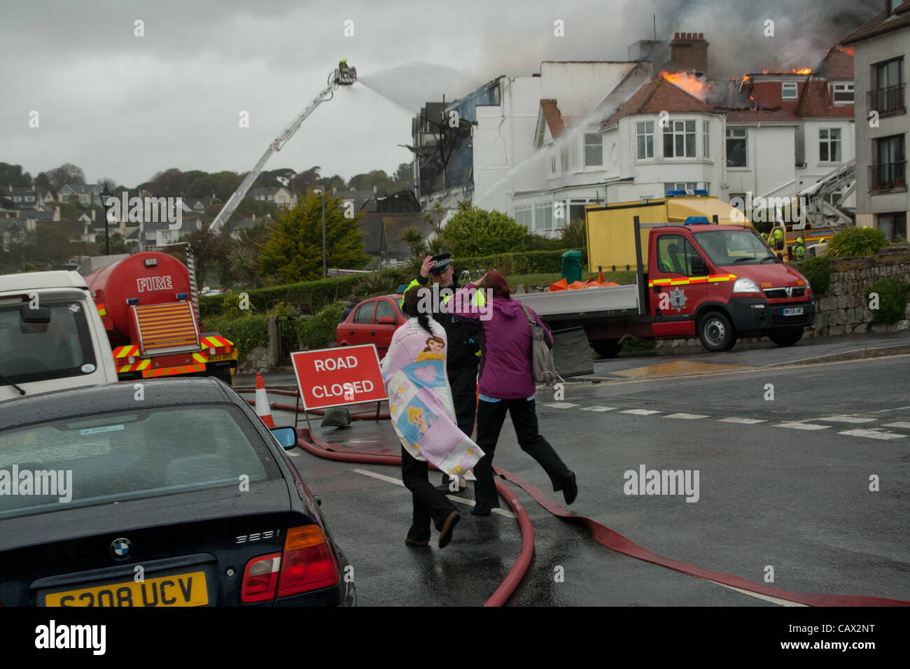 Fire at Falmouth's Beach hotel destroys much of the building and its content on April 30th 2012. Stock Photo