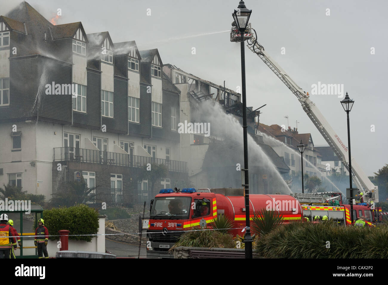 Fire at Falmouth's Beach hotel destroys much of the building and its content on April 30th 2012. Stock Photo