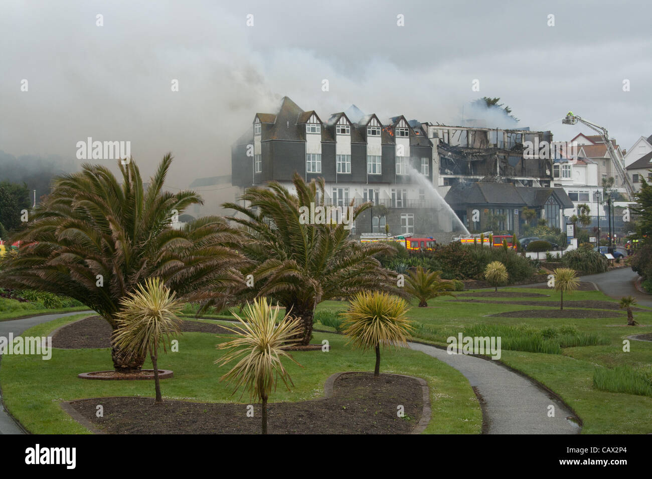 Fire at Falmouth's Beach hotel destroys much of the building and its content on April 30th 2012. Stock Photo