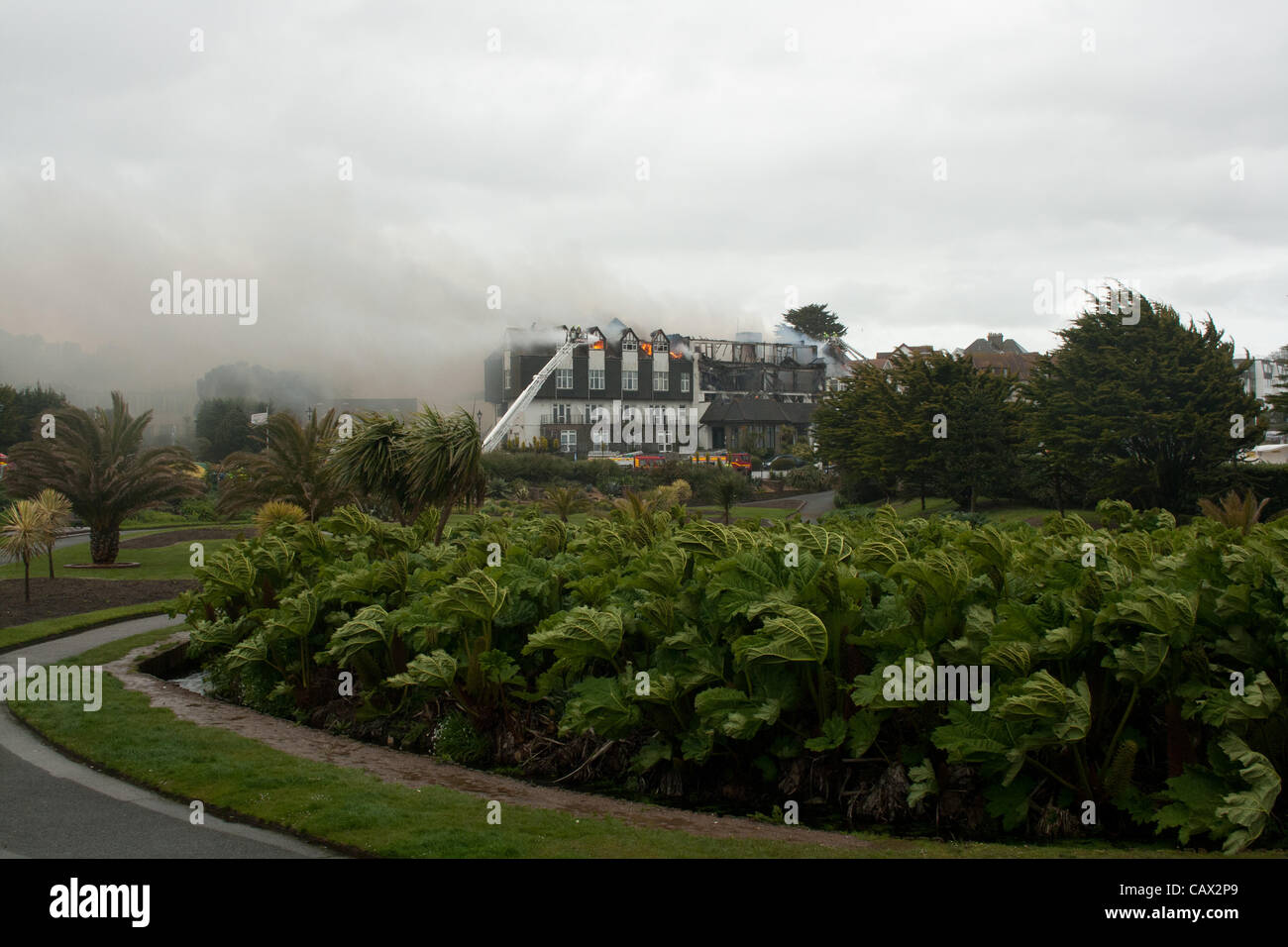 Fire at Falmouth's Beach hotel destroys much of the building and its content on April 30th 2012. Stock Photo