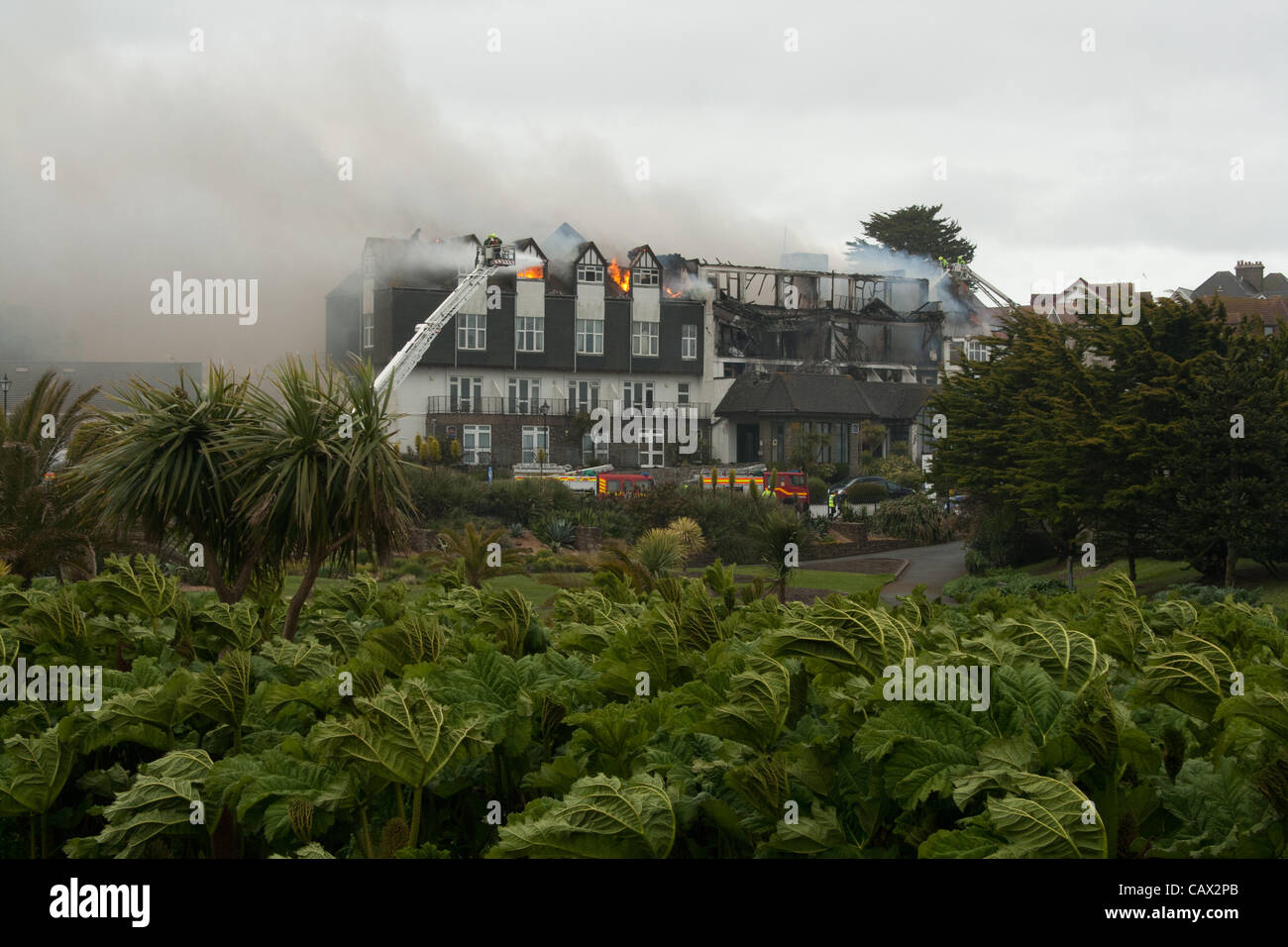 Fire at Falmouth's Beach hotel destroys much of the building and its content on April 30th 2012. Stock Photo