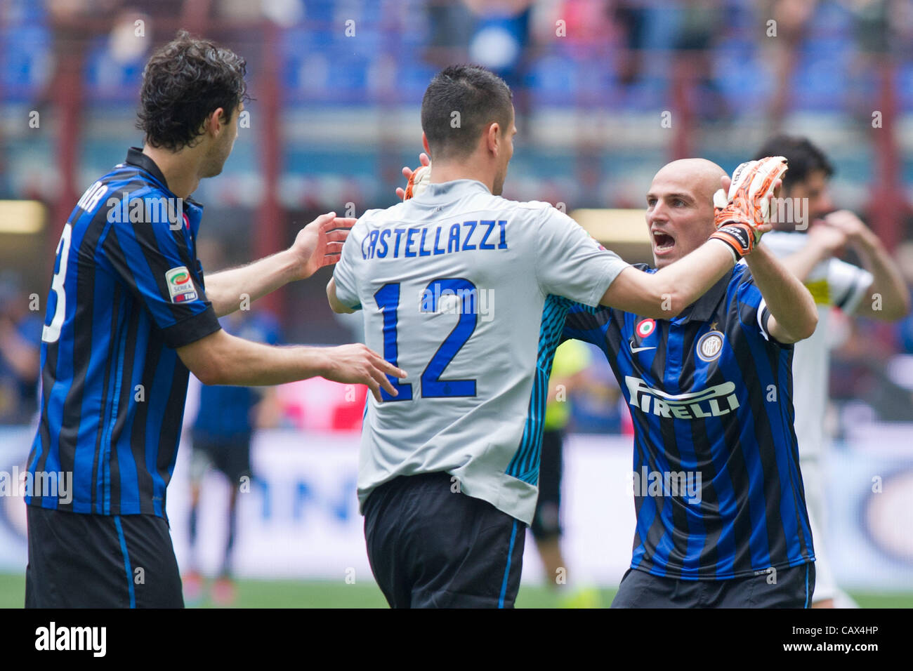 (L-R) Andrea Ranocchia, Luca Castellazzi, Esteban Cambiasso (Inter), APRIL 29, 2012 - Football / Soccer : Italian 'Serie A' match between Inter Milan 2-1 Cesena at Stadio Giuseppe Meazza in Milan, Italy. (Photo by Enrico Calderoni/AFLO SPORT) [0391] Stock Photo