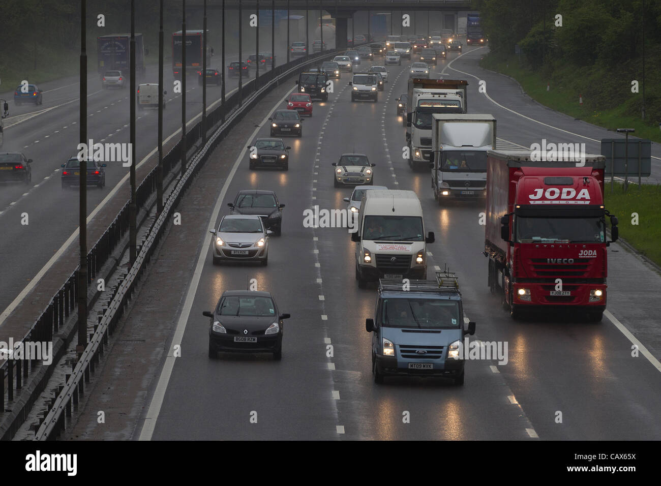 Wet M1 motorway. Junction 16 Northampton. Northamptonshire. U.K