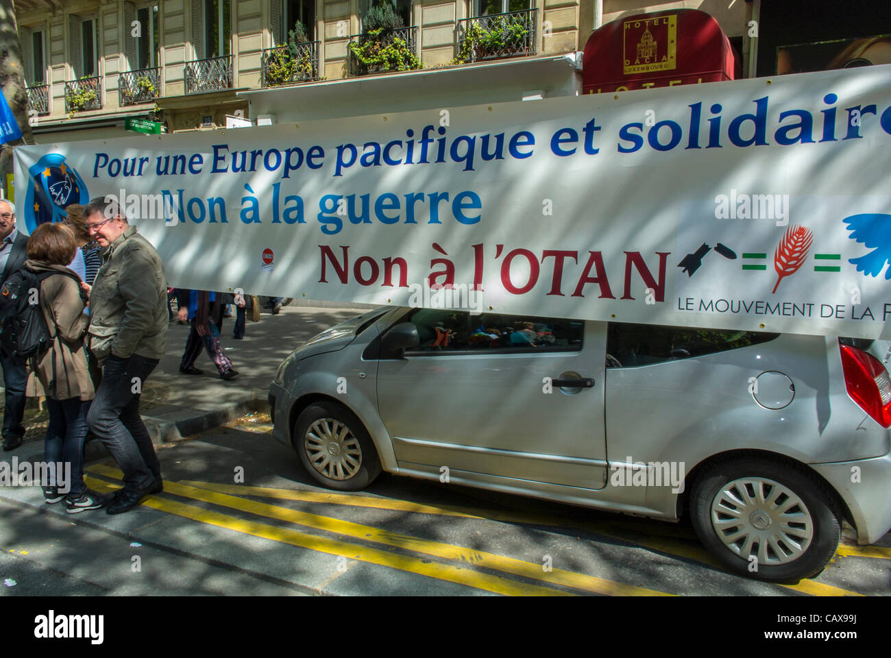 Paris, France, French Trade Unions Demonstrate in Annual May Day March,  Anti-NATO Banner Stock Photo