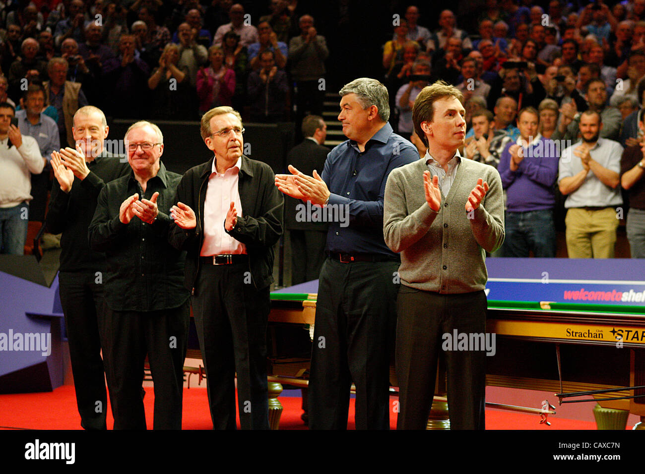 02.05.2012. Crucible, Sheffield, Yorkshire, England.  Steve Davis (left to Right), Dennis Taylor, Terry Griffiths, John Parrott, and Ken Doherty paid tribute to seven-time world champion Stephen Hendry, who announced his retirement from the professional game after his quarter-final defeat by Stephen Stock Photo