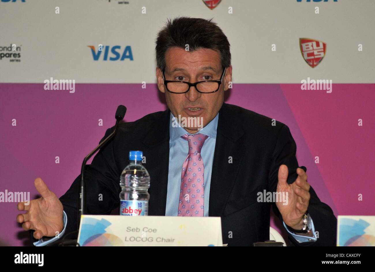 OLYMPIC STADIUM, STRATFORD, LONDON, UK, Wednesday. 02/05/2012. Lord Sebastian Coe (LOCOG Chair). BUCS Athletics launch press conference. The first event to be held in the new stadium. Stock Photo