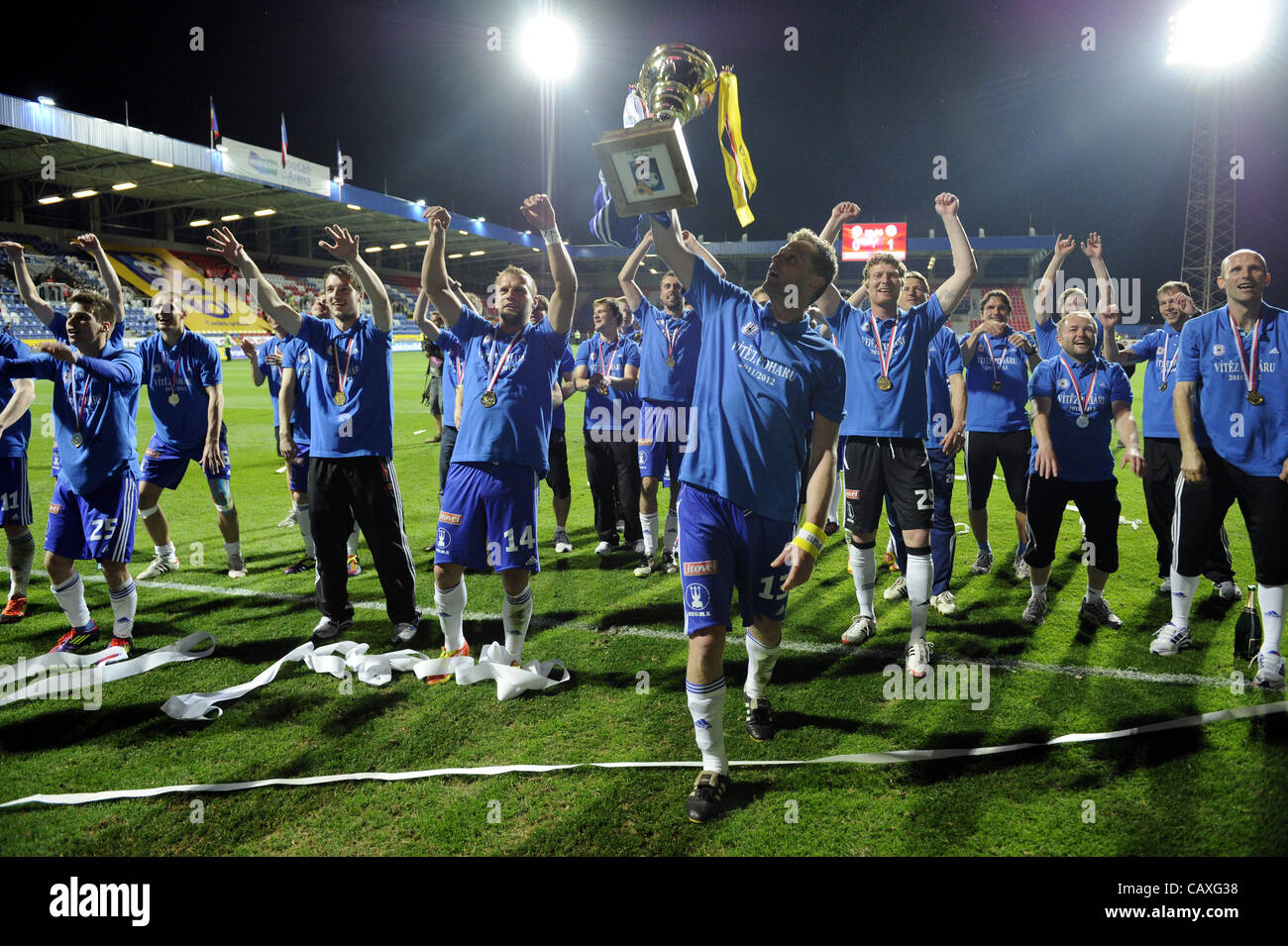 Players of Sigma Olomouc celebrate victory in the Cup of the Czech Post (czech soccer cup) after winning the final match against Sparta Prague in Pilsen, Czech Republic on May 2, 2012. (CTK Photo/Petr Eret) Stock Photo
