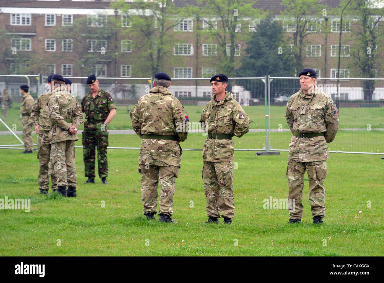 London, Uk. Thursday 3rd May 2012. Army Rapier missile batteries and soldiers have placed on Blackheath overlooking Canary Wharf as an Olympics security test. Stock Photo
