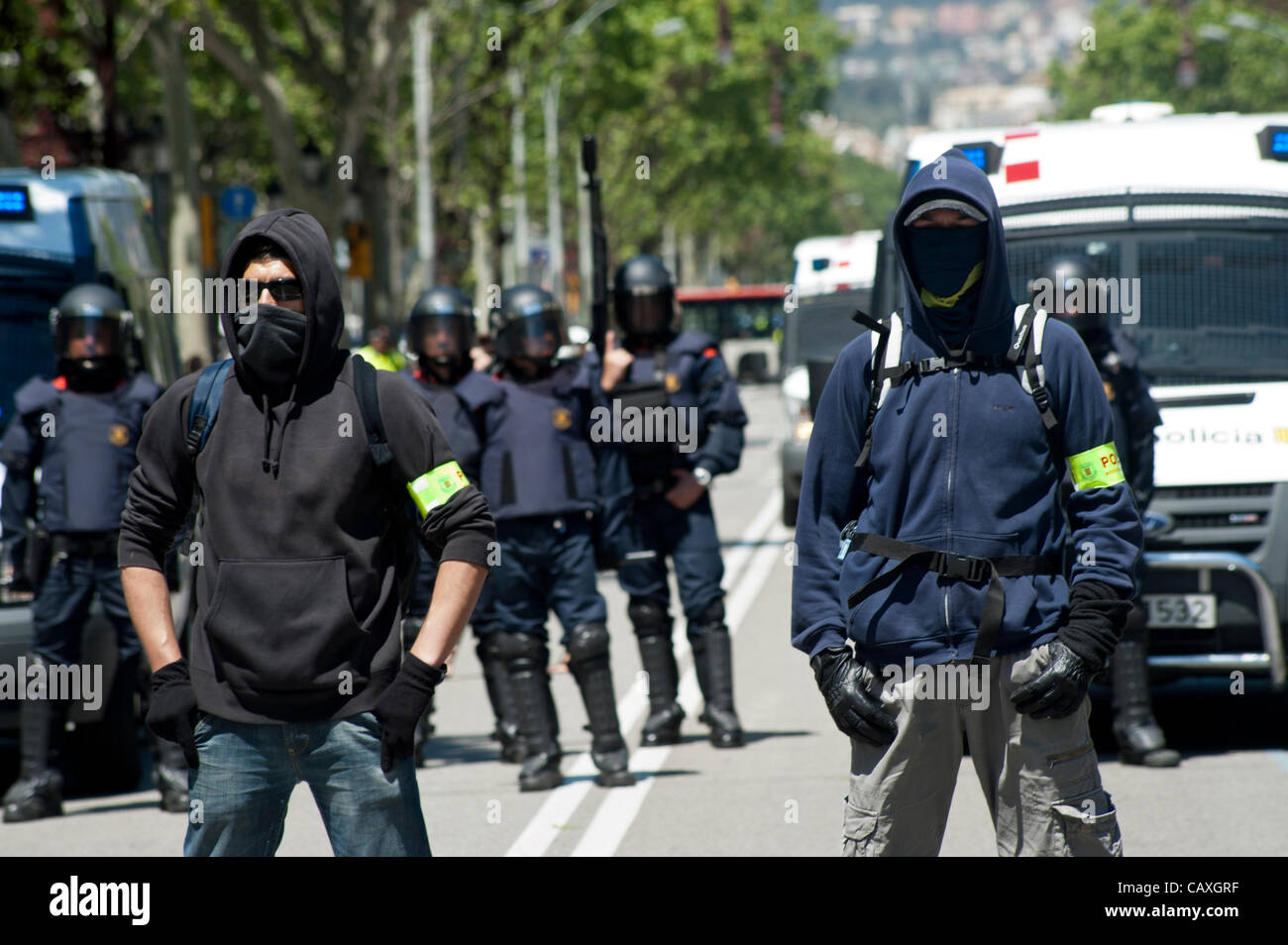 Barcelona, May 3. 2012.-Thousands of police control the city, some in plain clothes and with his face covered during the summit of the European Central Bank Stock Photo