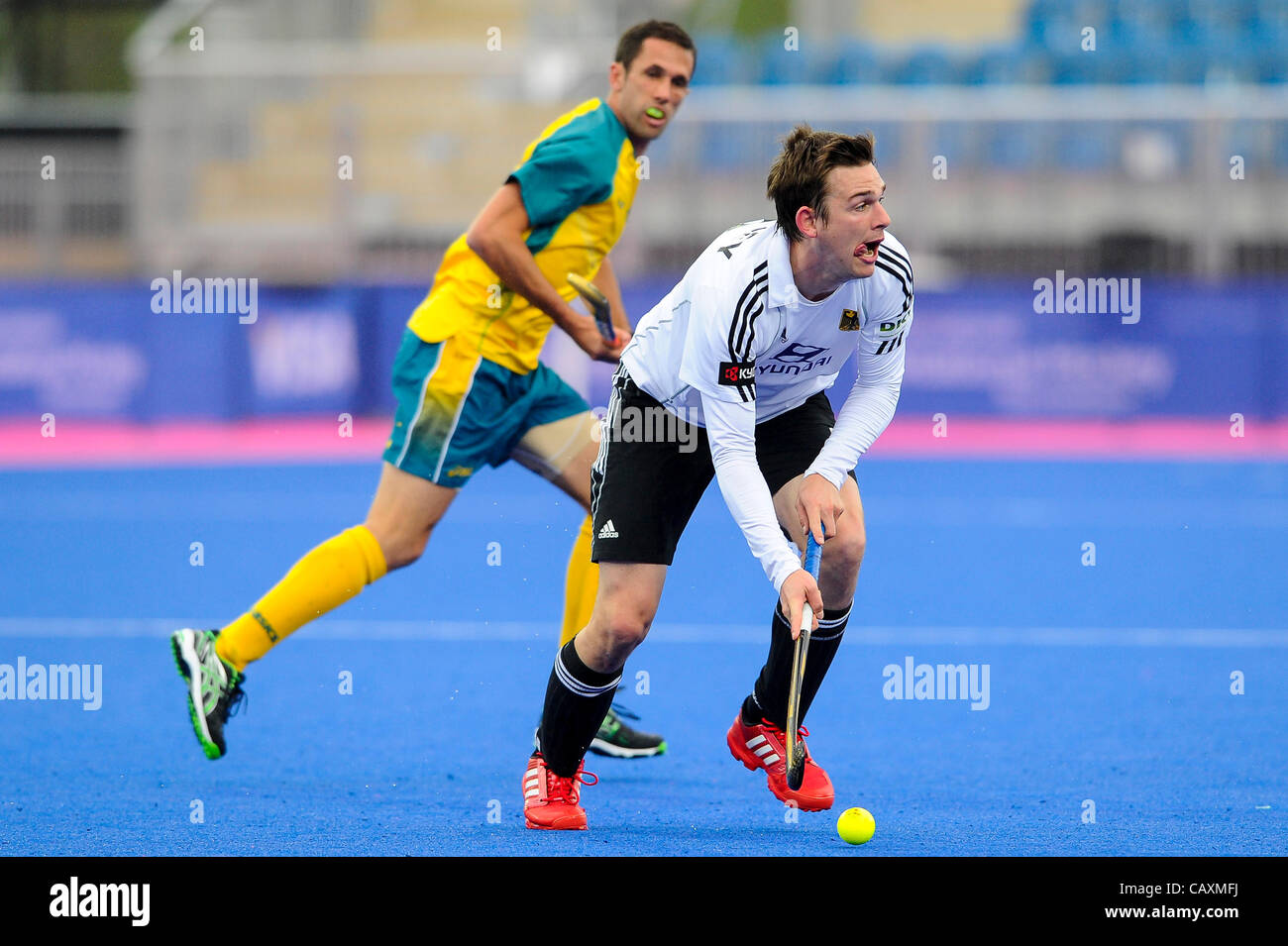 03.05.2012 London, England. Germany Forward # 8 Christopher WESLEY (GER) in action during the Men’s Preliminary match between Germany and Australia on Day 2 of the Visa International Invitational Hockey Tournament at the Riverbank Arena on the Olympic Park. (This is a 2012 Olympics test event, part  Stock Photo