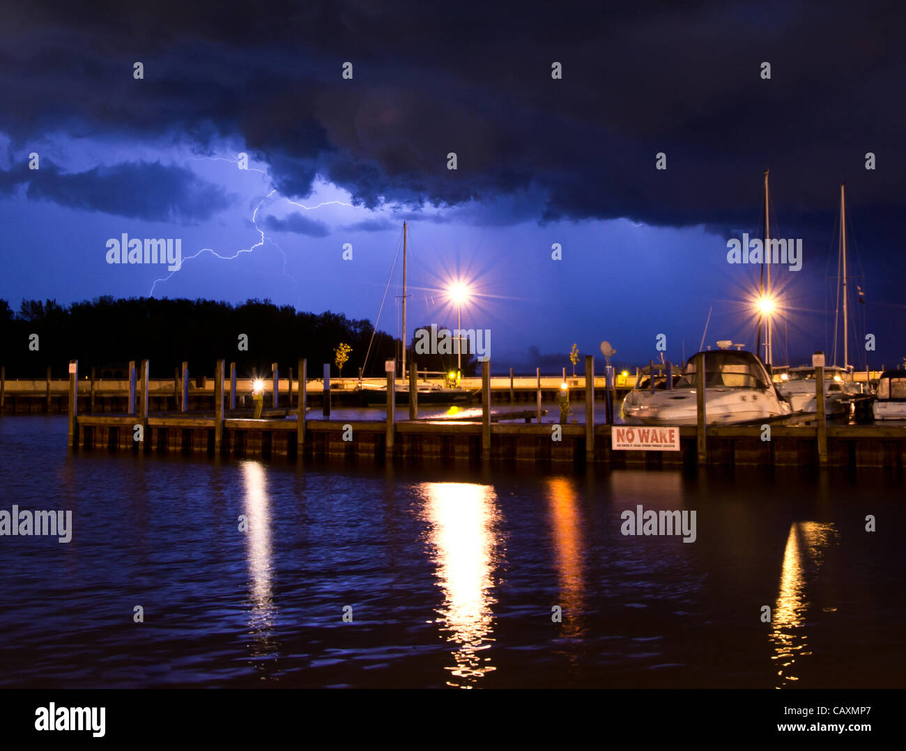 Windsor, Ontario, Canada. 04 May, 2012. A strong storm moving across Michigan and Southwestern Ontario as seen from Riverside Marina in Windsor, Ontario early Friday Morning. Stock Photo