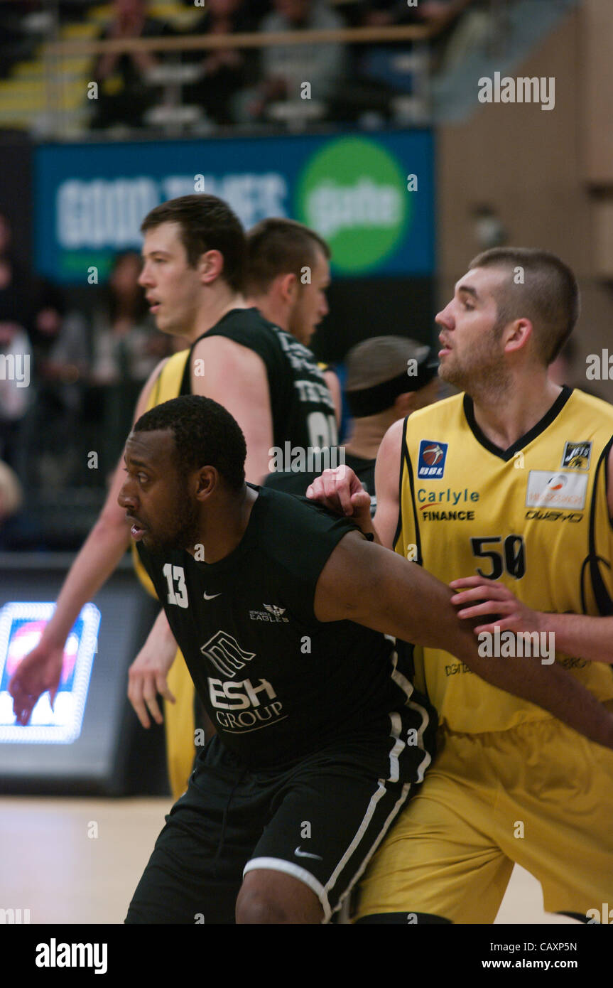 Sport Central, Newcastle, UK, 4 May 2016. Darius Defoe, number 13, of Newcastle Eagles marks Matthew Schneck, number 50, of Cheshire Jets. Schneck was Jets' second top scorer with 22 points out of 99 in their victory over Newcastle Eagles. Credit Colin Edwards / Alamy Live News Stock Photo