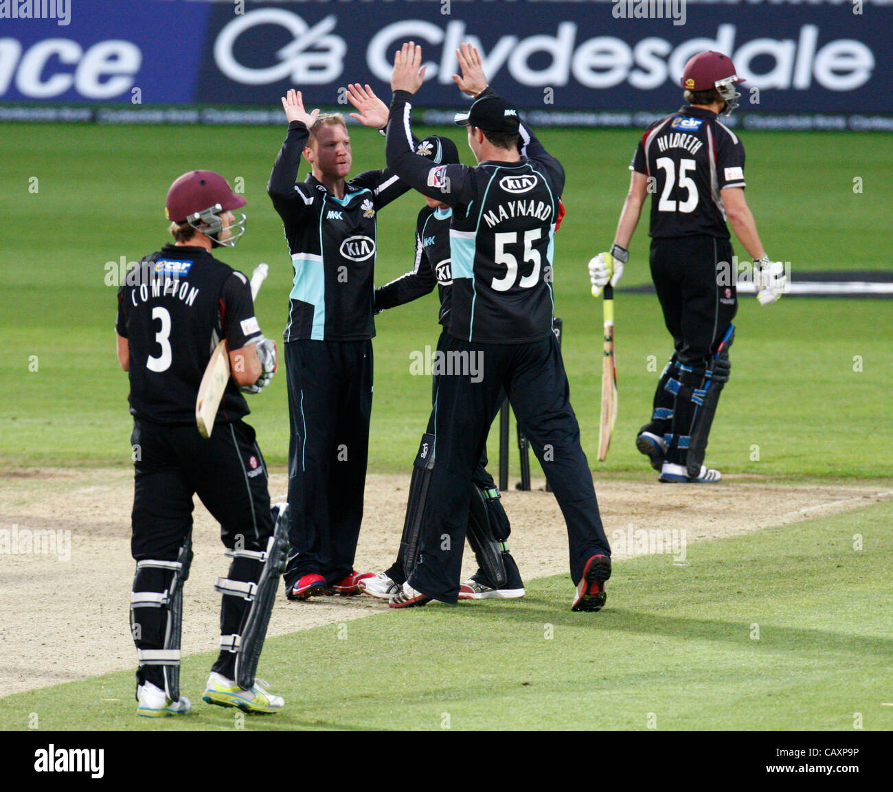 04.05.2012. Brit Oval, London, England. Gareth Batty of Surrey County Cricket and Steven Davies of Surrey County Cricket celebrates the wicket of James Hildreth of Somerset County Cricket during the Clydesdale Bank Pro40 match between Surrey and Somerset  at The Brit Oval on May 04, 2012 in London,  Stock Photo