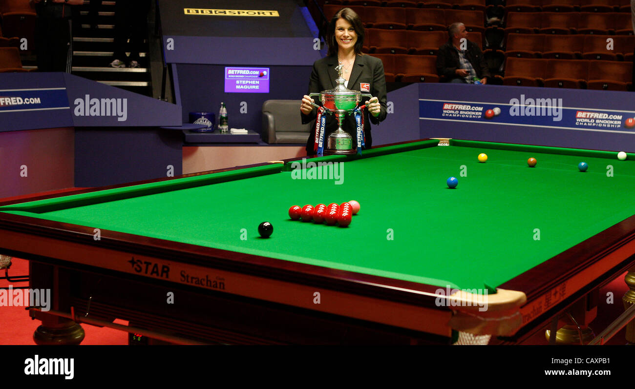 04.05.2012. Crucible, Sheffield, England. Michaela Tabb,, shown with the winners trophy,  will take charge of the Betfred.com World Championship final on Sunday and Monday 6 and 7th of May 2012 at the Crucible Theatre, Sheffield, UK. (Second session, best of 33 Frames, played over 4 sessions) Stock Photo