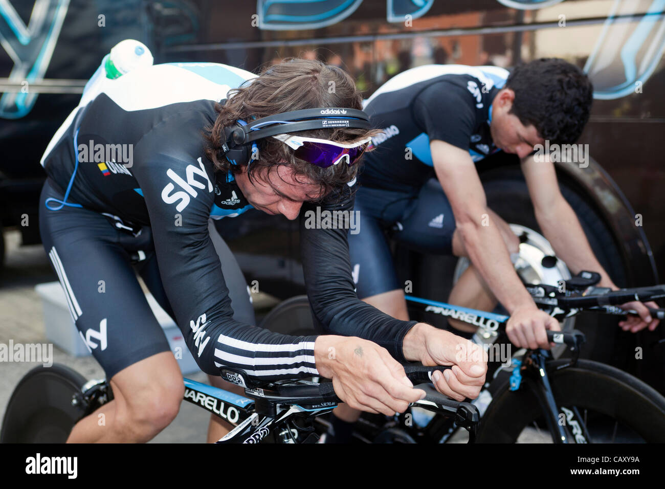 HERNING, Denmark - Saturday, May 5th, 2012: Sky Procycling riders Rigoberto Uran Uran (left) from Colombia and Peter Kennaugh (right)from Great Brittan is warming up before the their first race in this year Giro d'Italia. Stock Photo