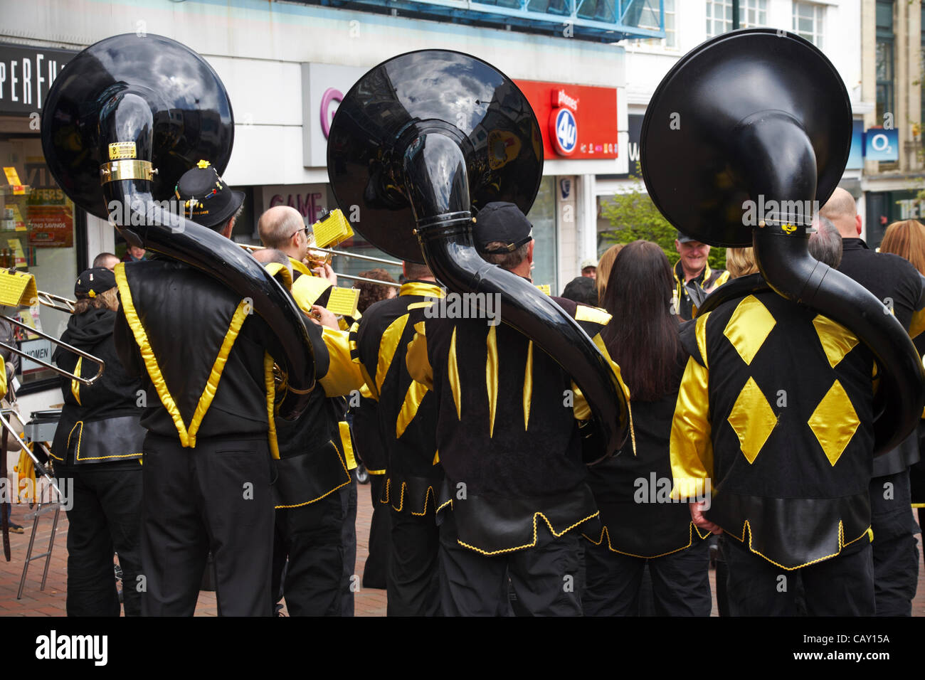 Bournemouth, Dorset UK Sunday 6 May 2012, Gugge 2000, Gugge2000, the first Guggenmusik band in the UK, busk in Bournemouth Town Centre, UK Stock Photo