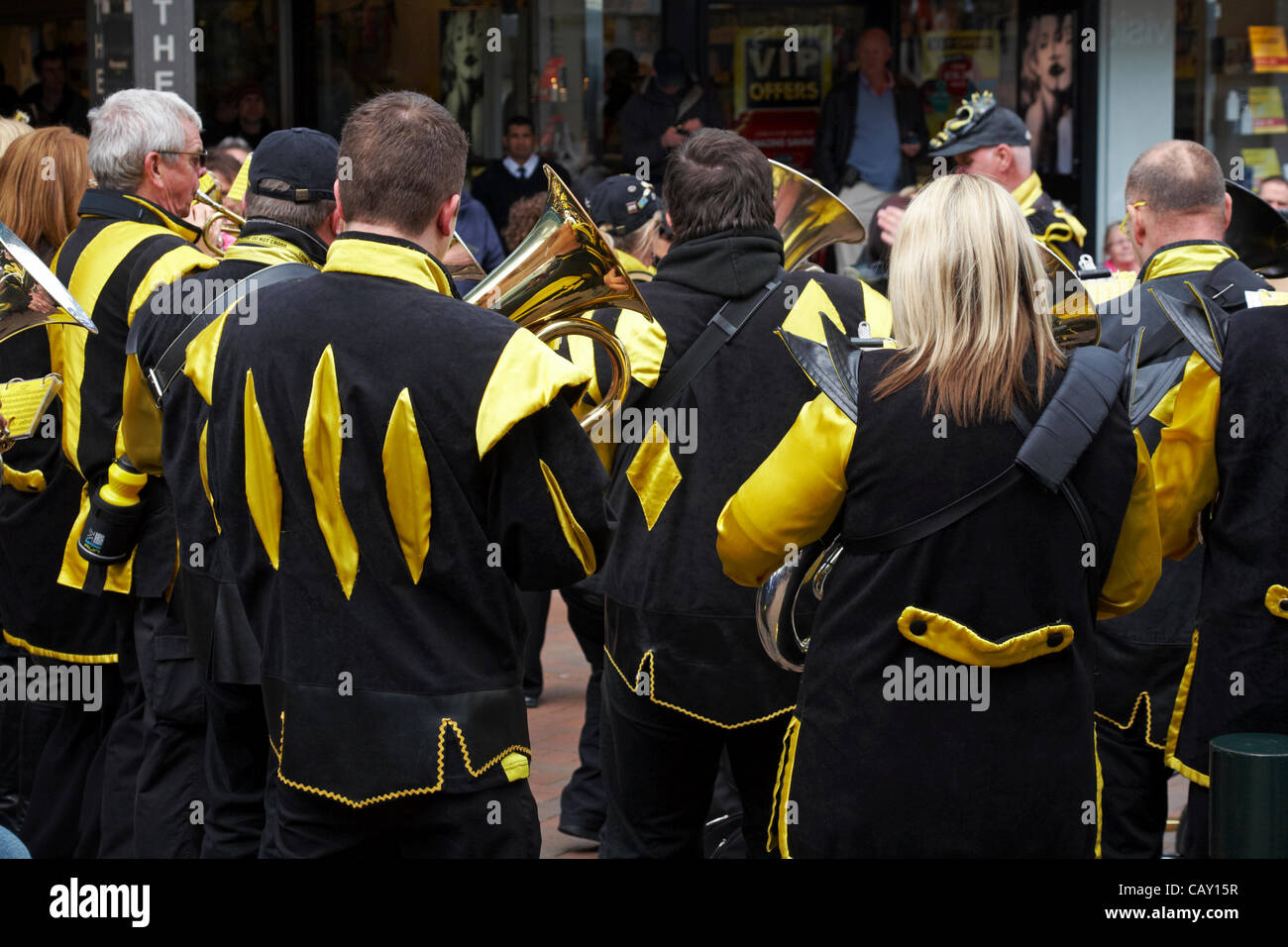 Bournemouth, Dorset UK Sunday 6 May 2012, Gugge 2000, Gugge2000, the first Guggenmusik band in the UK, busk in Bournemouth town centre, UK Stock Photo