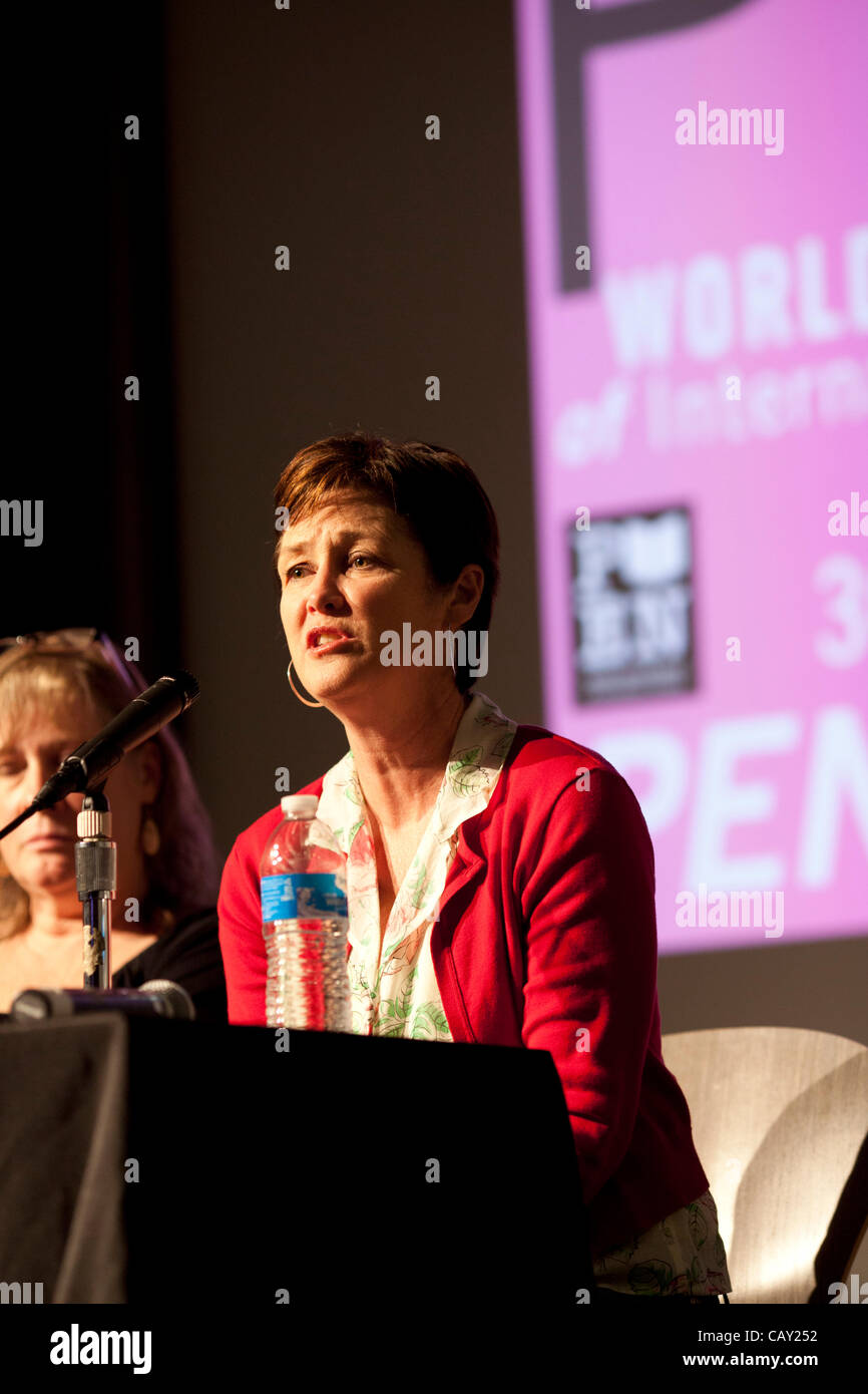 Panel on Children's Rights at Pen World Voices Festival, New York, NY, May 5, 2012, with moderator Susanna Reich (PEN), Polish Journalist Wojciech Jagielski, authors Debby Dahl Edwardson (L) and Patricia McCormack (R), and former child soldier Arn Chorn-Pond Stock Photo