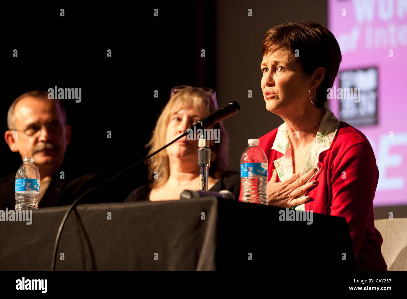 Panel on Children's Rights at Pen World Voices Festival, New York, NY, May 5, 2012, with moderator Susanna Reich (PEN), Polish Journalist Wojciech Jagielski (L), authors Debby Dahl Edwardson (M) and Patricia McCormack (R), and former child soldier Arn Chorn-Pond Stock Photo