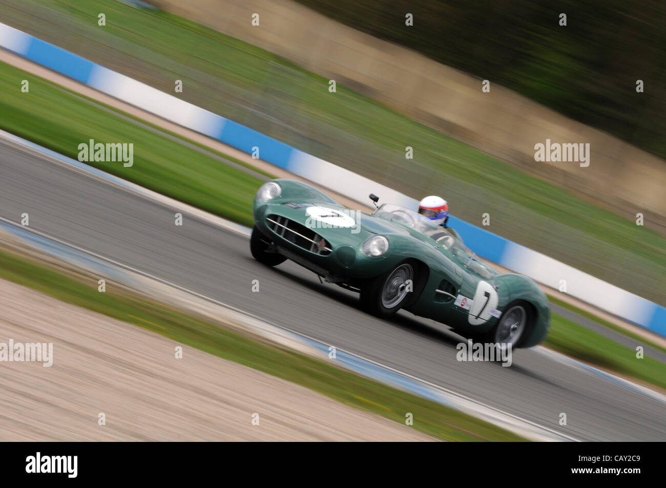 6th May 2012, Donington Park Racing Circuit, UK.  The 1959 Aston Martin DBR1 of Wolfgang Friedrichs and David Clark at the Donington Historic Festival. Stock Photo