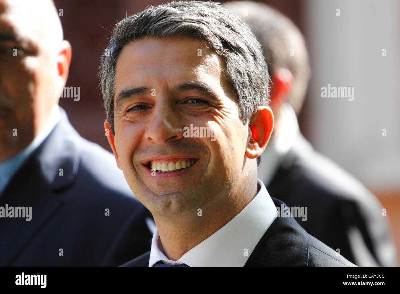 The President of Bulgaria Rosen Plevneliev smiling into the camera shortly before the beginning of the traditional Bulgarian Army Day parade in central Sofia, Bulgaria, 6 May 2012 Stock Photo