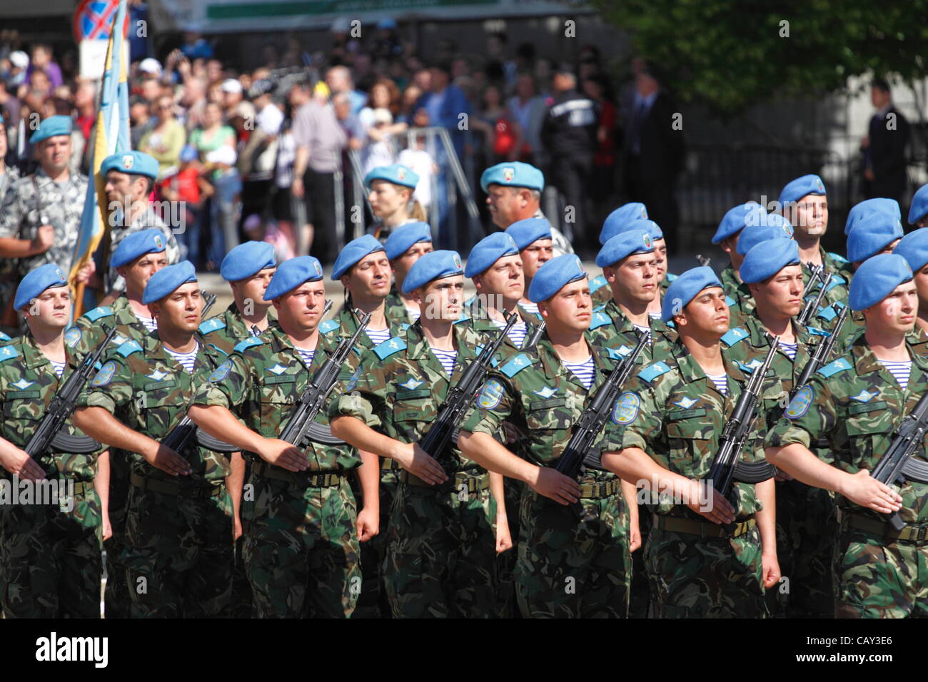 Formation of Bulgarian Special Forces (68th Special Forces Brigade - Spetsnaz) parading on the Bulgarian Army Day. Other than regular land forces, Spetsnaz wear light-blue berets and striped undershirts. Sofia, Bulgaria, 6 May 2012 Stock Photo