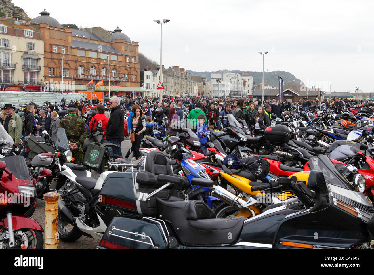 Massed motorbikes parked on Hastings seafront at annual Hastings May Day Bike Run, East Sussex, England, GB Stock Photo