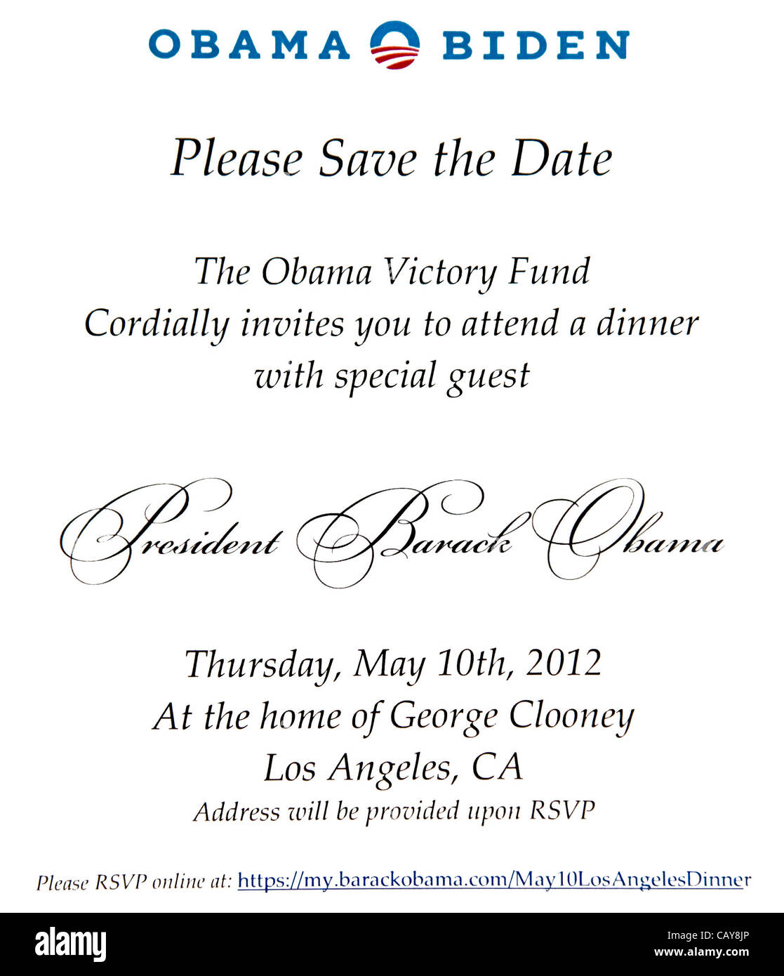 May 7, 2012 - Los Angeles, California, U.S. -  The invitation for a sold-out fundraiser on behalf of President Barack Obama at the Studio City home of actor George Clooney to be held on Thursday, May 10.  According to reports in The Hollywood Reporter, the event could raise some 12 million dollars,  Stock Photo