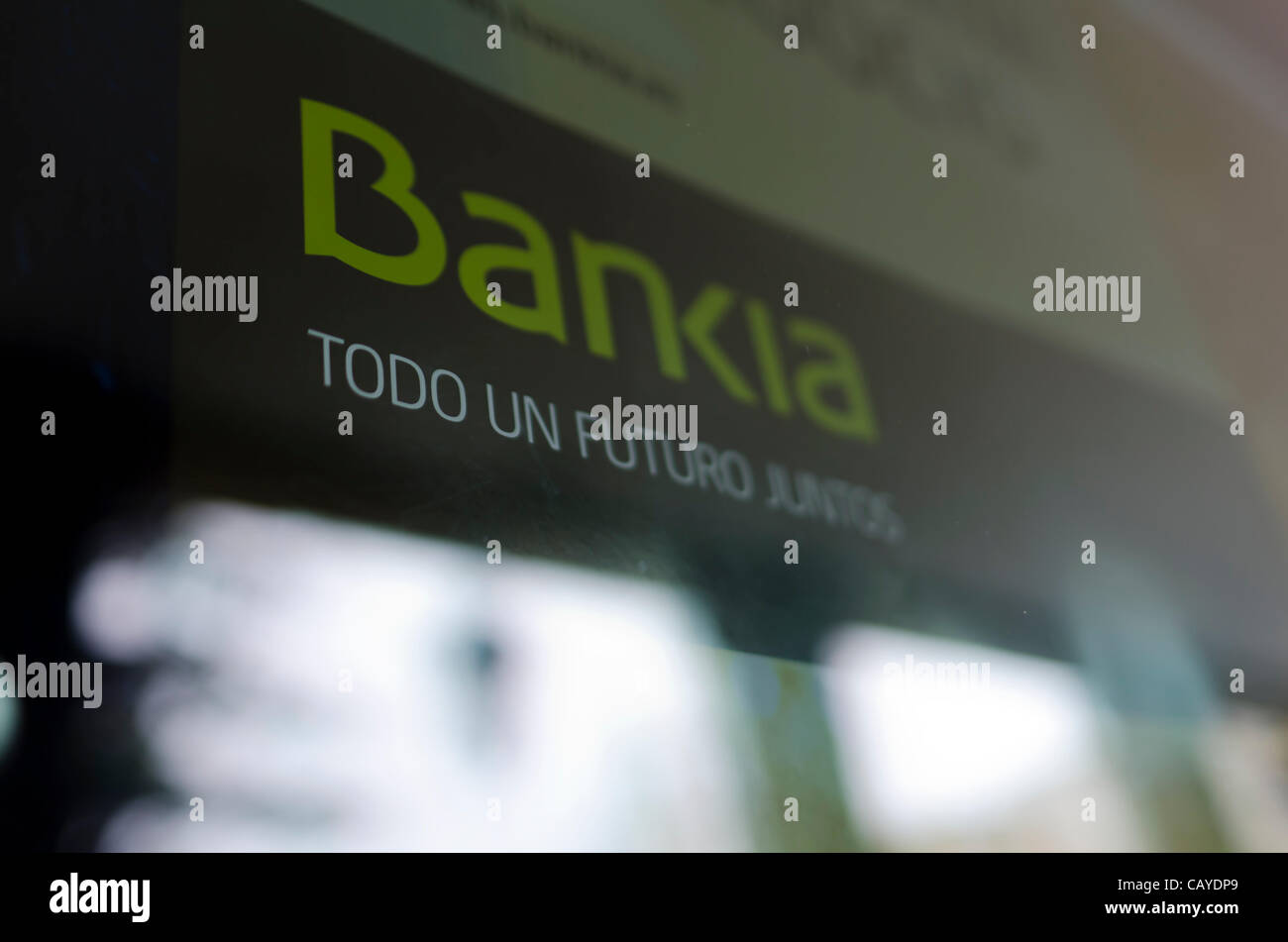 Madrid, Spain on Monday May 8, 2012, a 'Bankia' office the day after former International Monetary Fund chairman, Rodrigo Rato, resings as Spanish bank 'Bankia' chairman. Bankia is the Spain’s fourth-biggest lender in terms of assets and Bank of Spain and government prepare Bankia refinancing plan. Stock Photo