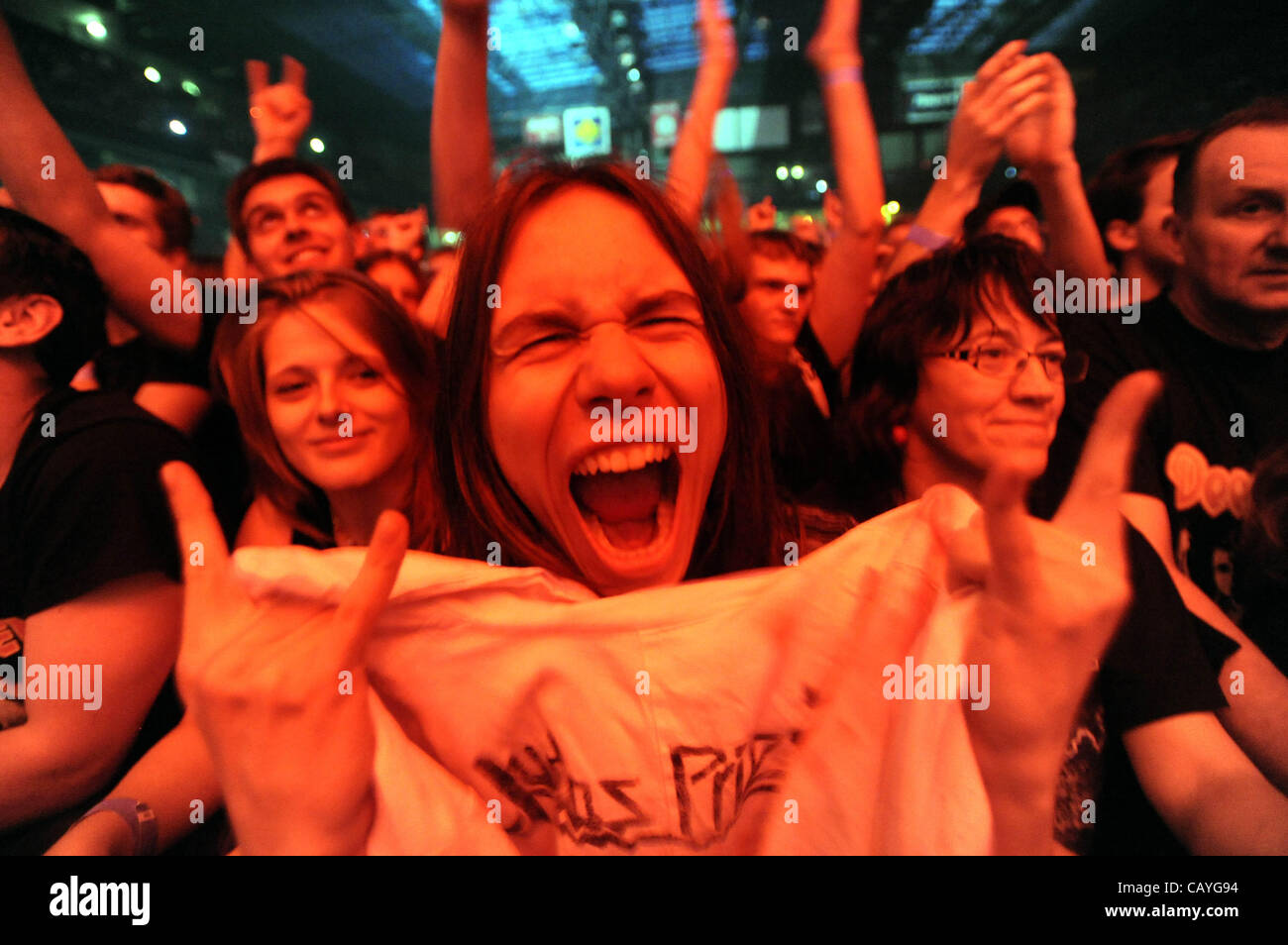 Fans of British heavy metal band Judas Priest during the concert in CEZ Arena.Czech Republic, Pardubice, May 8 , 2012.(CTK Photo/Josef Vostarek) Stock Photo