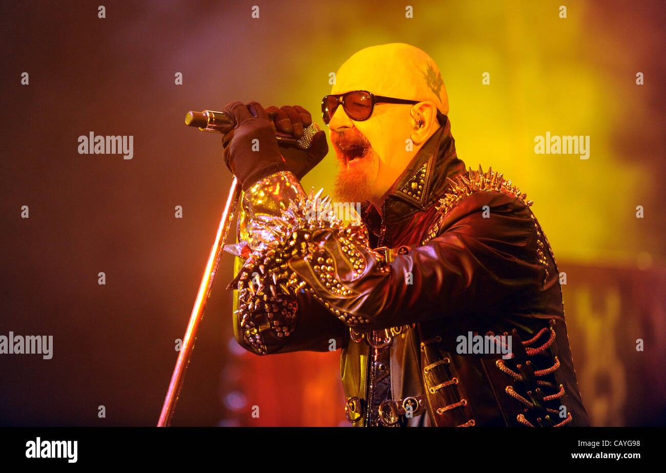 British heavy metal band Judas Priest during the concert in CEZ Arena.Pictured singer Rob