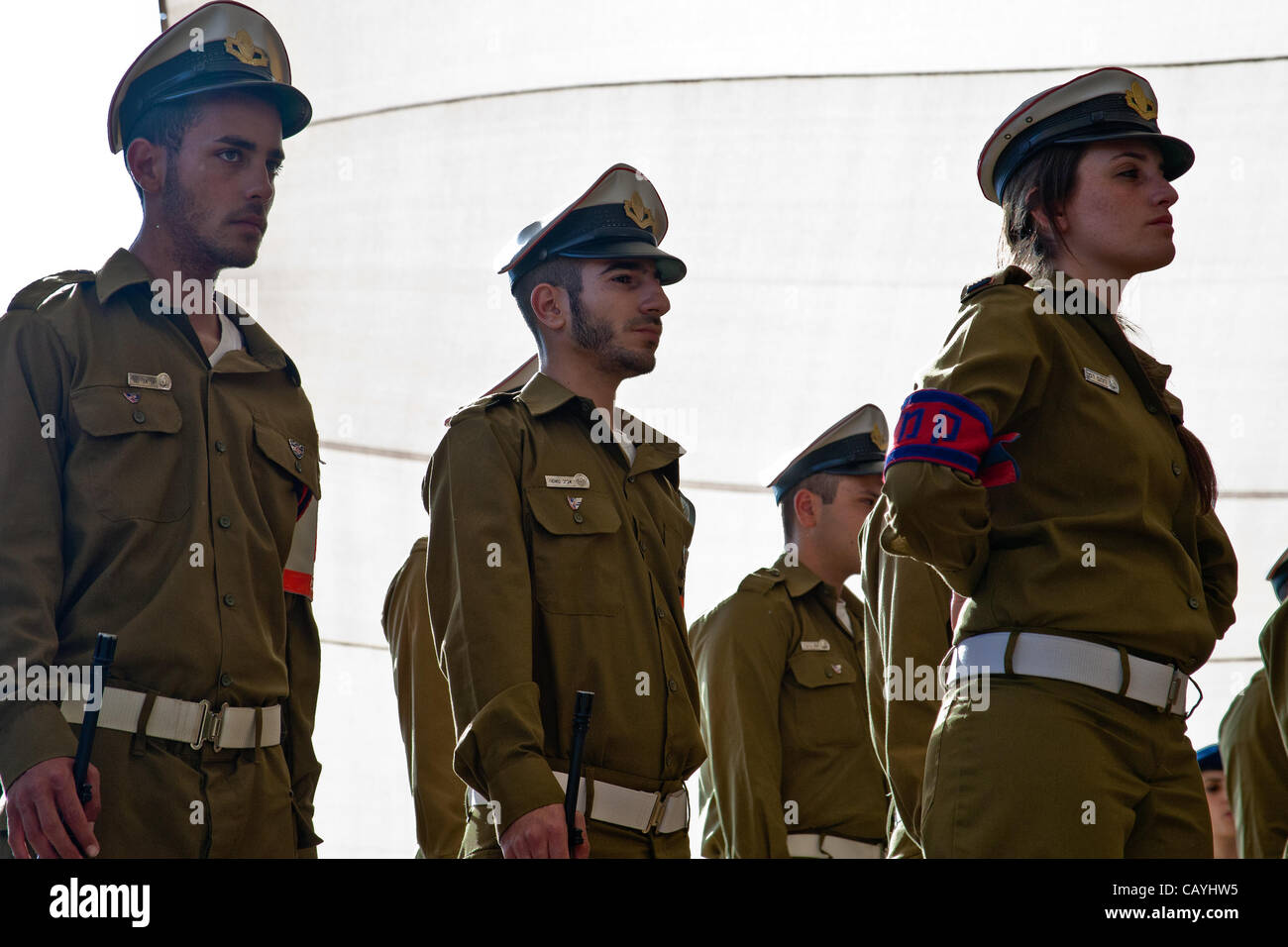 Soldiers of the IDF take part in a ceremony commemorating Allied victory over Nazi Germany at Yad Vashem Holocaust Museum. Jerusalem, Israel. 9-May-2012. Stock Photo